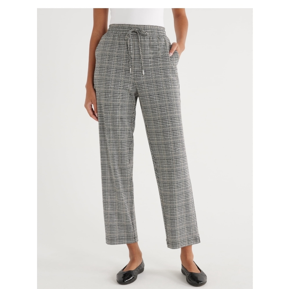 Time and Tru Women's Slim Commuter Glen Plaid Pull On Knit Pants